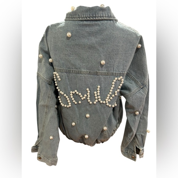 “Soul” Upcycled Pearl Embellished Denim Jacket Sz L - Picture 2 of 4